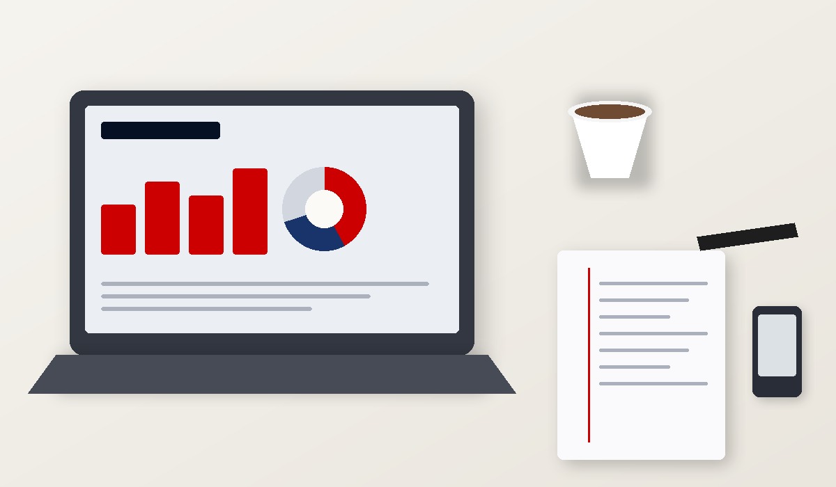 Laptop with financial dashboard, coffee, and notebook representing accounting and payroll services