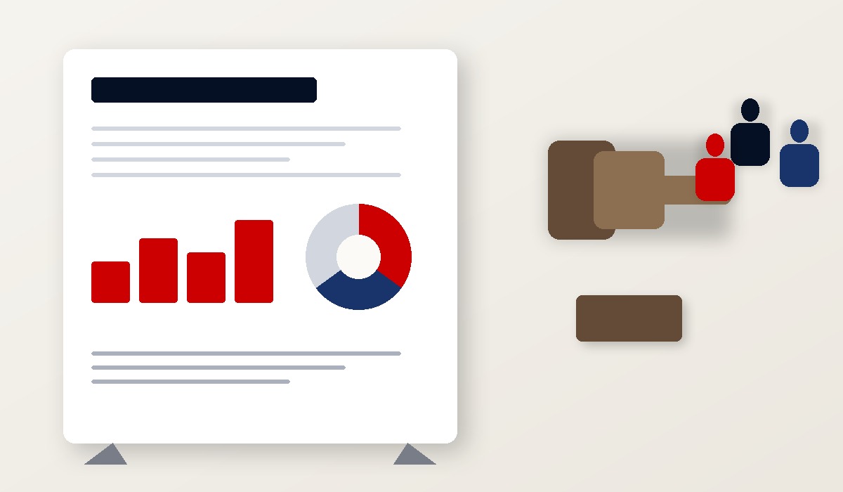 Presentation board with charts and team icons representing specialty consulting services