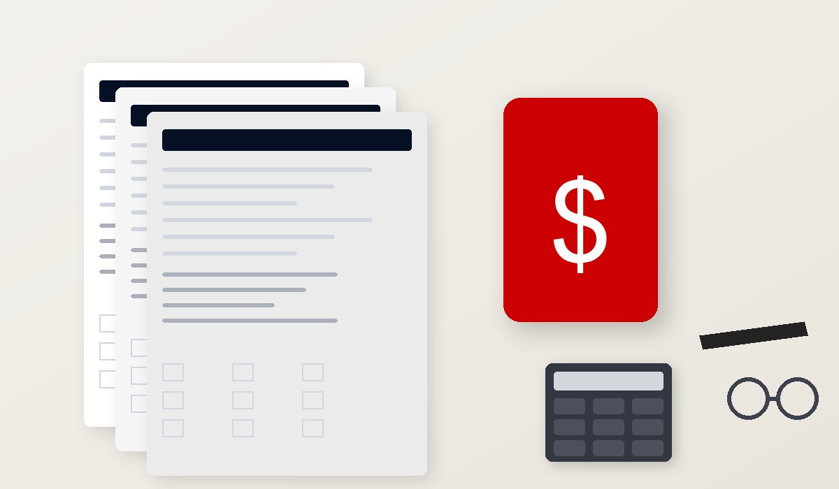 Tax forms, calculator, and glasses representing tax preparation and planning services